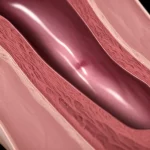 Conceptual image showing a cross-section of a uterus with a cesarean scar indentation, illustrating the uterine niche, macro lens, 60mm, high detail.