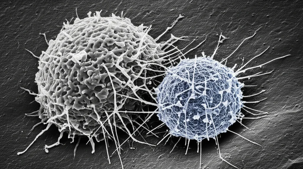 Immagine al microscopio elettronico a scansione di cellule T (linfociti) che interagiscono attivamente con una cellula infettata dal virus MPXV. Dettagli ultra-realistici delle membrane cellulari e delle interazioni sinaptiche immunologiche. Utilizzare un obiettivo macro da 100mm, illuminazione drammatica laterale per creare ombre profonde e forte contrasto, stile 'film noir' con toni di grigio scuro e un accenno di blu elettrico per evidenziare il virus o le strutture virali. Profondità di campo estremamente ridotta per focalizzare l'attenzione sull'interazione chiave tra una cellula T e la cellula bersaglio.