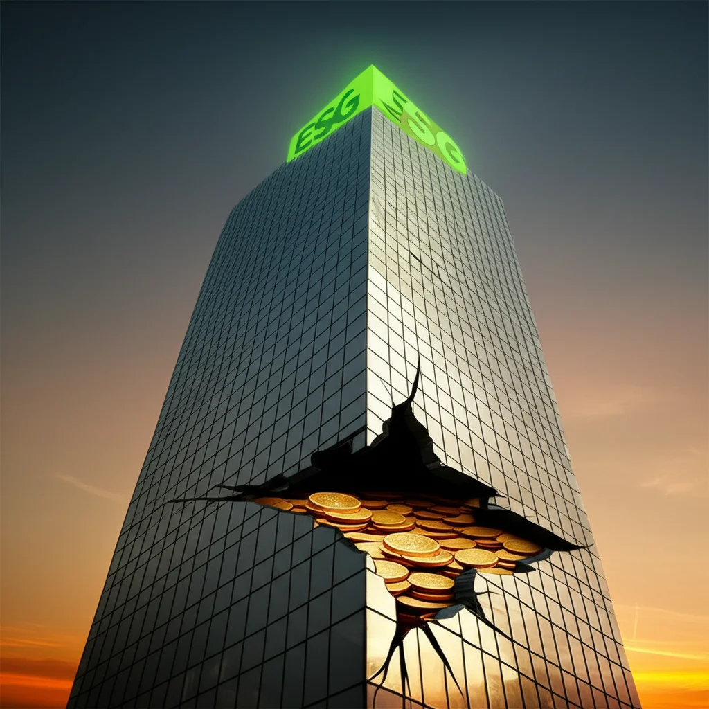 Immagine concettuale di un grattacielo moderno con una facciata di vetro scintillante e un brillante logo ESG verde sulla cima, ma visto da una prospettiva dal basso che rivela una crepa evidente alla base dell'edificio, da cui fuoriescono monete d'oro solo da un lato, lasciando l'altro lato vuoto. Illuminazione drammatica al tramonto con cielo arancione, obiettivo grandangolare 20mm, messa a fuoco nitida sull'intera struttura.