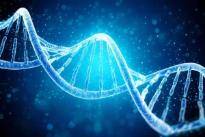 Immagine concettuale di una doppia elica di DNA che si intreccia con sagome stilizzate di un cuore, un cervello e dei polmoni, su uno sfondo blu scuro con punti luminosi che evocano dati genetici. Macro lens, 90mm, high detail, precise focusing, illuminazione drammatica con contrasti.