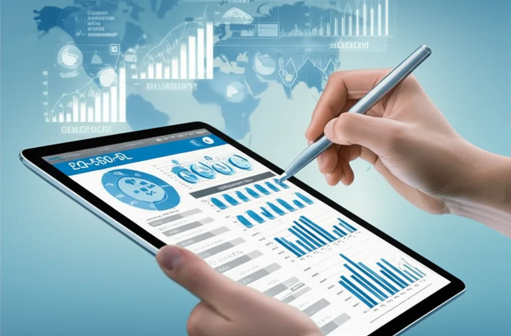 Immagine fotorealistica che simboleggia la raccolta dati sulla salute globale. Primo piano su una mano che compila un questionario digitale EQ-5D-5L su tablet, con grafici stilizzati sulla salute della popolazione e una mappa del mondo digitale visibili sullo sfondo sfocato. Illuminazione morbida laterale, profondità di campo ridotta per focalizzare sulla mano e sul tablet. Obiettivo prime 35mm.
