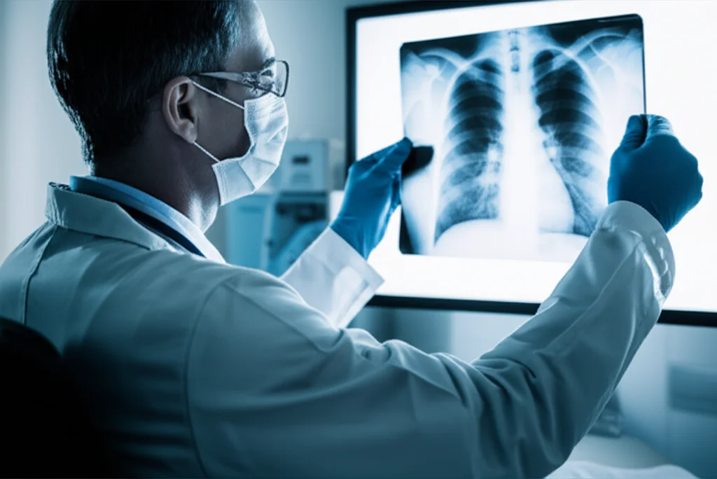 Immagine fotorealistica di un medico in terapia intensiva che osserva attentamente una radiografia polmonare su uno schermo luminoso, mostrando segni di polmonite. Luce drammatica laterale, profondità di campo ridotta per mettere a fuoco il medico e lo schermo, obiettivo 35mm, stile film noir con toni blu e grigi duotone.