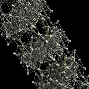 Immagine fotorealistica di un modello molecolare complesso di un silicato a catena diamantata, visualizzato con un obiettivo macro da 100mm per dettagli ultra-precisi, illuminazione da studio controllata che evidenzia le connessioni tetraedriche. Sfondo scuro per contrasto.