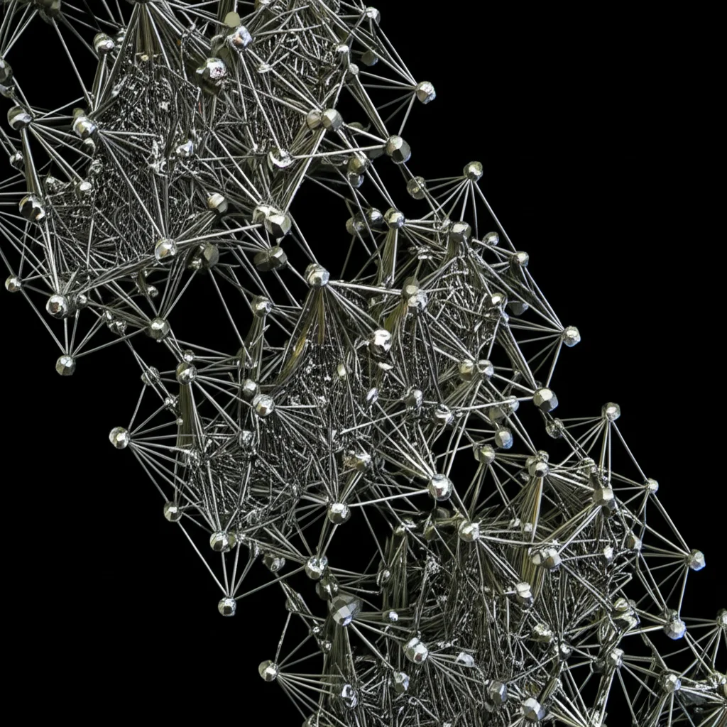 Immagine fotorealistica di un modello molecolare complesso di un silicato a catena diamantata, visualizzato con un obiettivo macro da 100mm per dettagli ultra-precisi, illuminazione da studio controllata che evidenzia le connessioni tetraedriche. Sfondo scuro per contrasto.