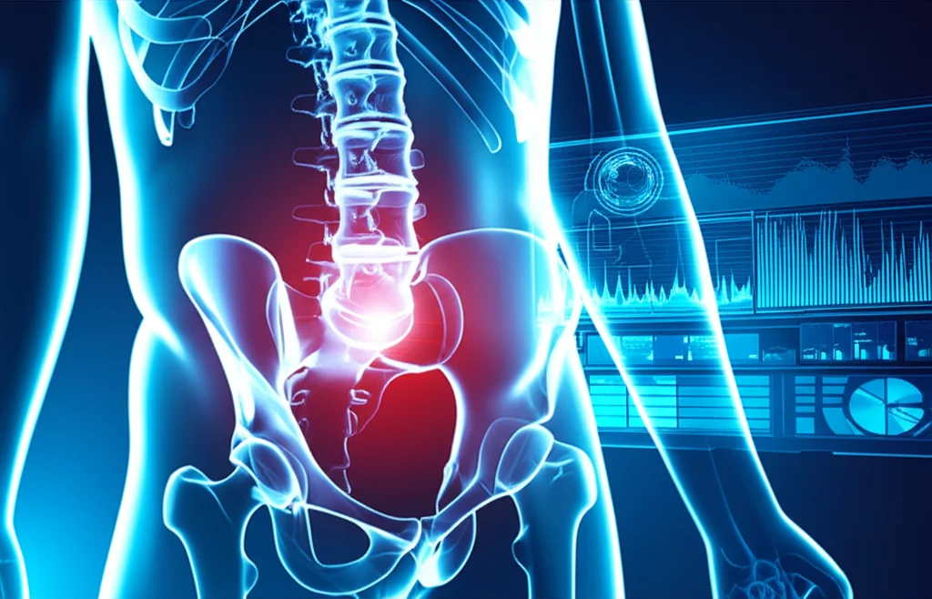 Immagine medica concettuale che mostra un chiodo fotodinamico percutaneo inserito nell'osso sacro stilizzato, con fasci di luce che simboleggiano l'attivazione del polimero. Sfondo high-tech con grafici di dati medici. Obiettivo macro 100mm, illuminazione drammatica per evidenziare il chiodo.