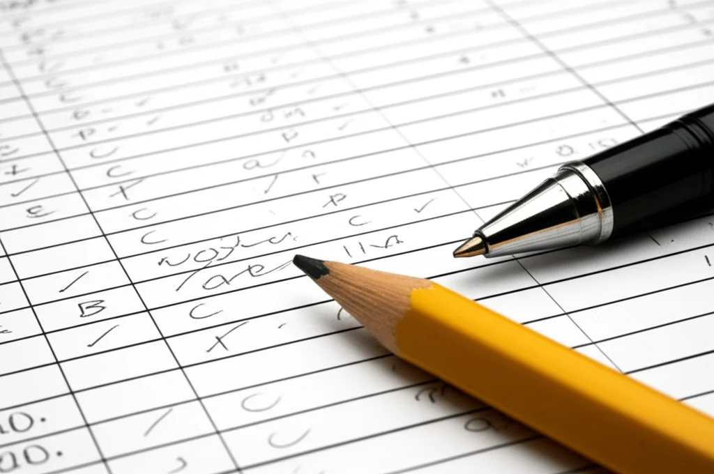Primo piano di un foglio di un test PISA con item di matematica e una matita appoggiata, simbolo dell'analisi statistica e del DIF, fotografia still life, obiettivo macro 100mm, alta definizione, illuminazione laterale per creare texture.