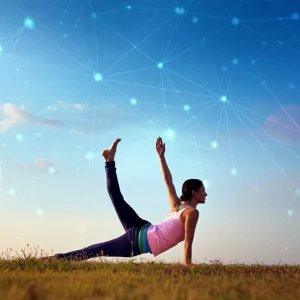 Prompt: A photorealistic wide-angle landscape (10mm) showing a serene outdoor setting with a person practicing yoga in the foreground, subtly incorporating abstract neural network lines or brain topography patterns into the background or sky, sharp focus.