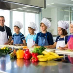Un gruppo di bambini e adolescenti di diverse etnie, sorridenti e dall'aspetto sano, che partecipano a una lezione di cucina interattiva con un nutrizionista. Stanno preparando un pasto colorato con abbondanza di verdure, legumi e frutta. L'ambiente è una cucina moderna e luminosa. Prime lens, 35mm, depth of field, luce naturale che entra da una finestra.