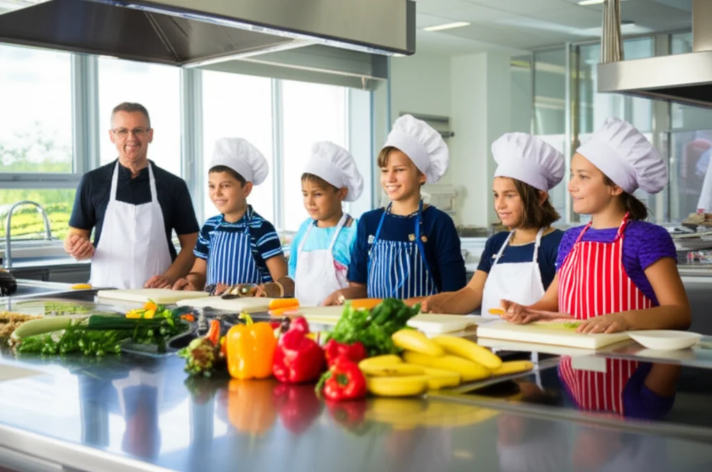 Un gruppo di bambini e adolescenti di diverse etnie, sorridenti e dall'aspetto sano, che partecipano a una lezione di cucina interattiva con un nutrizionista. Stanno preparando un pasto colorato con abbondanza di verdure, legumi e frutta. L'ambiente è una cucina moderna e luminosa. Prime lens, 35mm, depth of field, luce naturale che entra da una finestra.