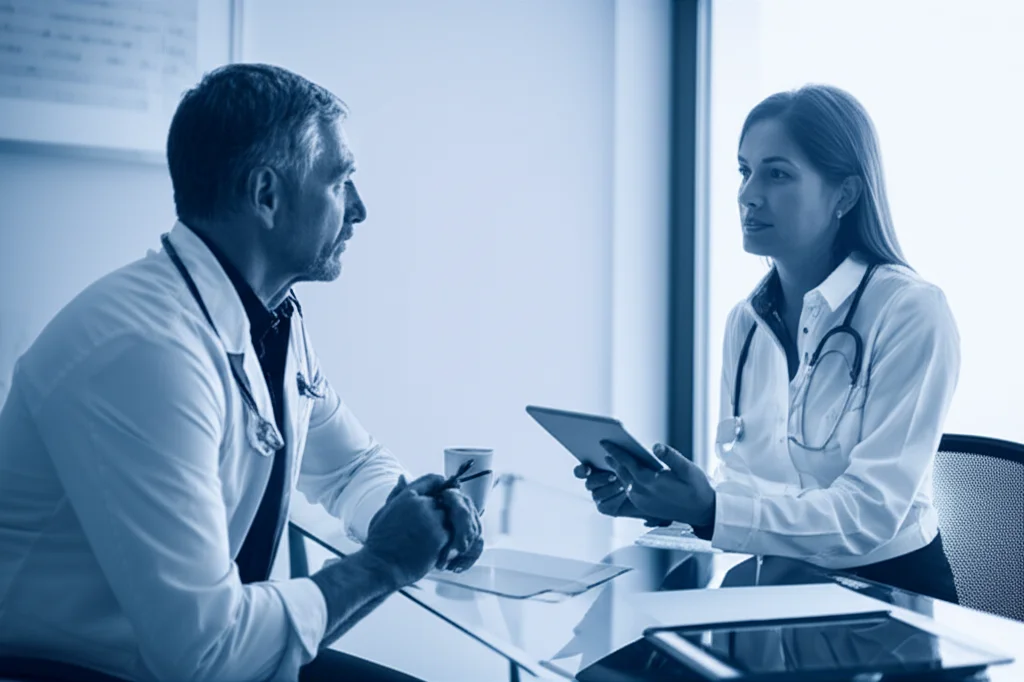 Un paziente oncologico, uomo di mezza età, discute con un'oncologa nel suo studio. L'oncologa indica qualcosa su un tablet. L'ambiente è professionale ma accogliente. Fotografia ritratto, obiettivo 35mm, luce soffusa, duotone blu e grigio per un'atmosfera seria ma speranzosa.