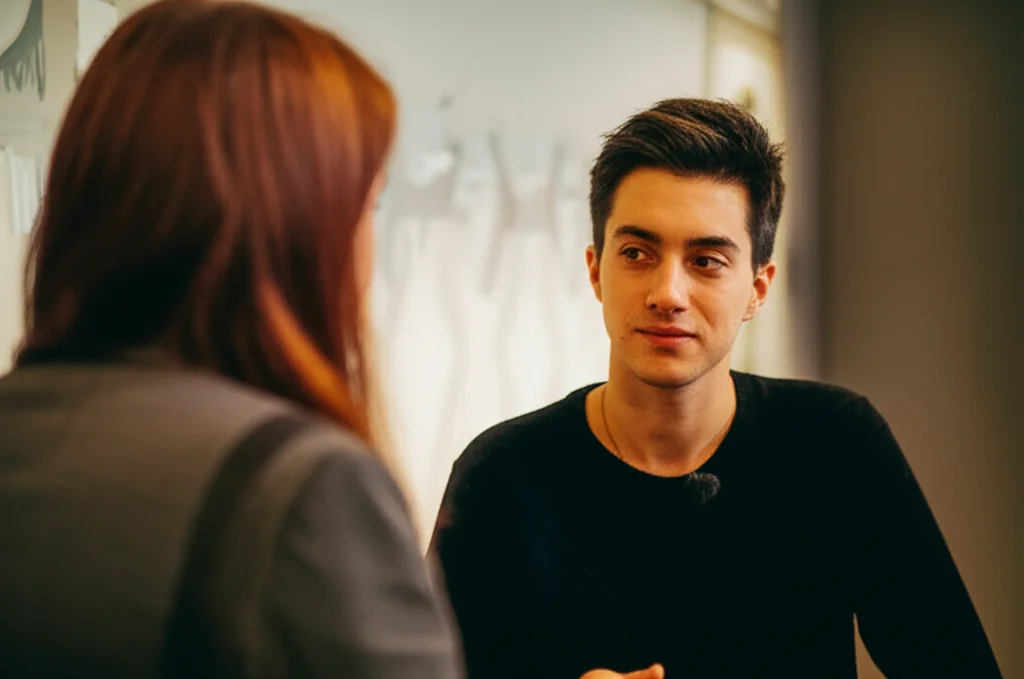 Una persona ascolta attentamente un'altra che parla, rappresentando lo scambio di testimonianze e la questione della fiducia. Sfondo leggermente sfocato per concentrarsi sull'interazione. Obiettivo da ritratto 35mm, profondità di campo, toni caldi per suggerire comunicazione e comprensione.