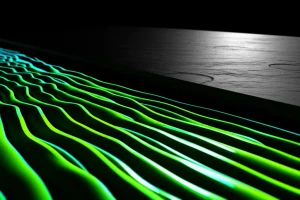 Visualizzazione artistica astratta del contatto tra due superfici metalliche separate da un sottile strato di tribofilm ZDDP luminescente, con linee che indicano flusso e stress. Una parte mostra un comportamento più fluido (viscoso) a bassa velocità, l'altra un comportamento più solido (elastico) ad alta velocità. Illuminazione drammatica, stile high-tech, obiettivo grandangolare 24mm per dare un senso di scala microscopica ma dinamica.