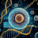 Visualizzazione artistica di una molecola di microRNA-133a-3p che interagisce con il DNA all'interno di un nucleo cellulare, su uno sfondo che richiama cellule umane e dati scientifici di ricerca sul cancro alla prostata, illuminazione drammatica e cinematografica, obiettivo macro 105mm, alta definizione, colori blu e oro duotone per un effetto sofisticato.