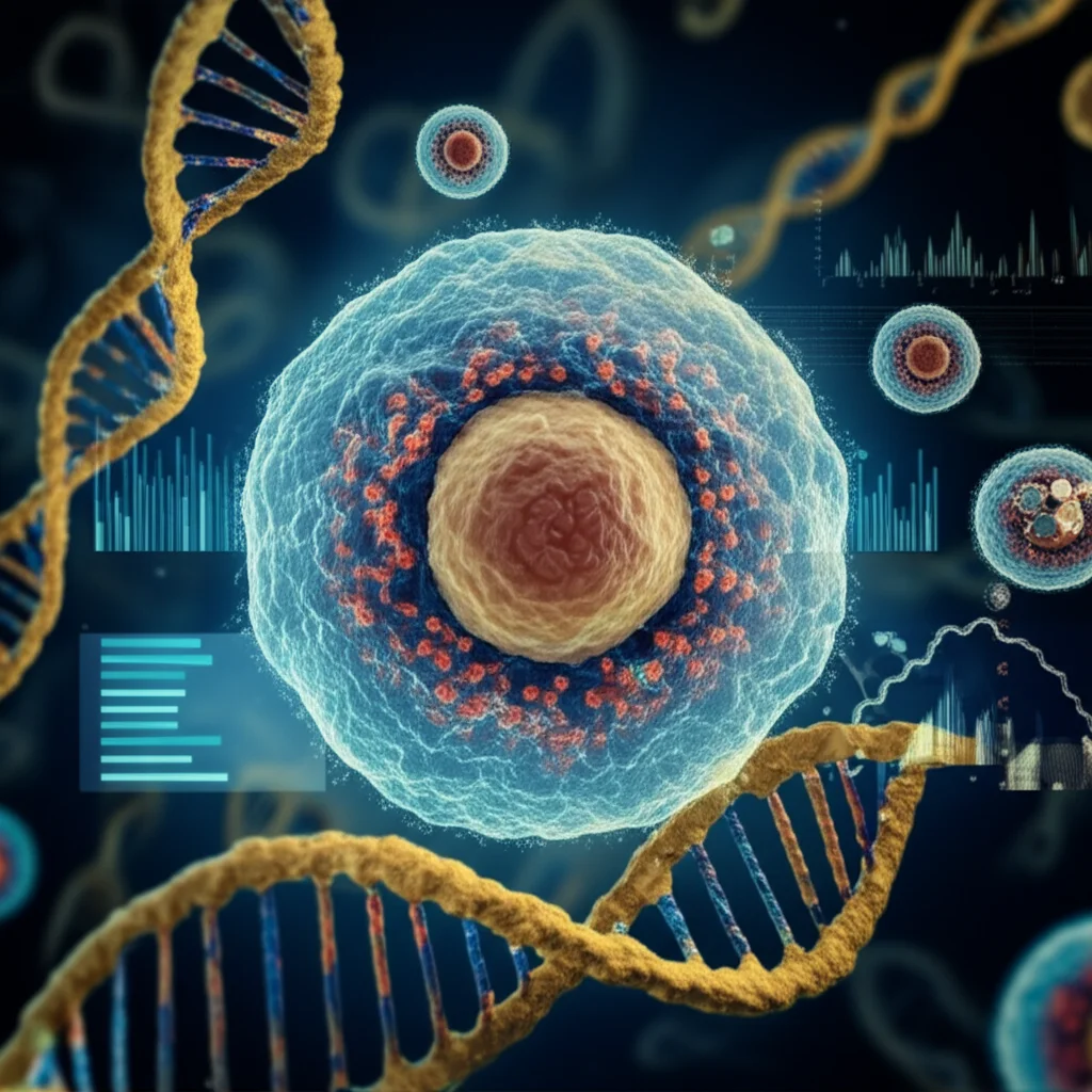 Visualizzazione artistica di una molecola di microRNA-133a-3p che interagisce con il DNA all'interno di un nucleo cellulare, su uno sfondo che richiama cellule umane e dati scientifici di ricerca sul cancro alla prostata, illuminazione drammatica e cinematografica, obiettivo macro 105mm, alta definizione, colori blu e oro duotone per un effetto sofisticato.