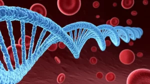 Visualizzazione artistica e fotorealistica del DNA circolante tumorale (ctDNA) nel flusso sanguigno, con eliche luminose blu e cellule stilizzate rosse, simboleggiando la diagnosi e il monitoraggio del linfoma mantellare tramite biopsia liquida, obiettivo macro 90mm, illuminazione controllata, alta definizione, sfondo scuro.