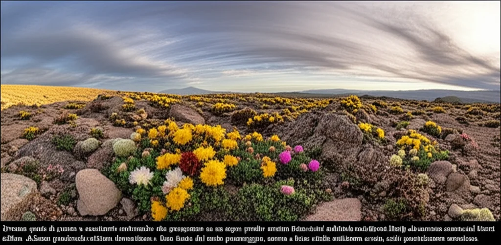 Diverse specie di piante a cuscinetto endemiche che prosperano su un aspro pendio montuoso della provincia floristica del Khorassan-Kopet Dagh. Alcune piante mostrano piccoli fiori colorati. Obiettivo grandangolare 18mm, luce dorata del tardo pomeriggio, messa a fuoco nitida sull'intera scena, cielo parzialmente nuvoloso.