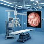 Grande angolo da 15 mm, lente da 15 mm, scatto interno di una suite di endoscopia futuristica e pulita con attrezzature mediche avanzate, un grande schermo che mostra un'immagine della capsula del colon, illuminazione blu e bianca morbida, focus acuto, senso del progresso tecnologico nella medicina diagnostica.