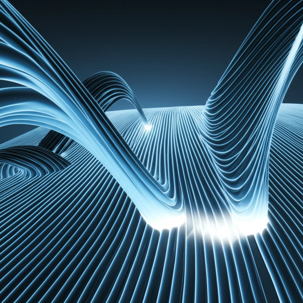 Immagine concettuale astratta che mostra onde ultrasoniche che interagiscono con nanotubi di carbonio allineati all'interno di una matrice polimerica, evidenziando la natura non distruttiva della tecnica, obiettivo grandangolare 24mm, effetto duotone blu e grigio scuro per un look scientifico moderno, resa fotorealistica.