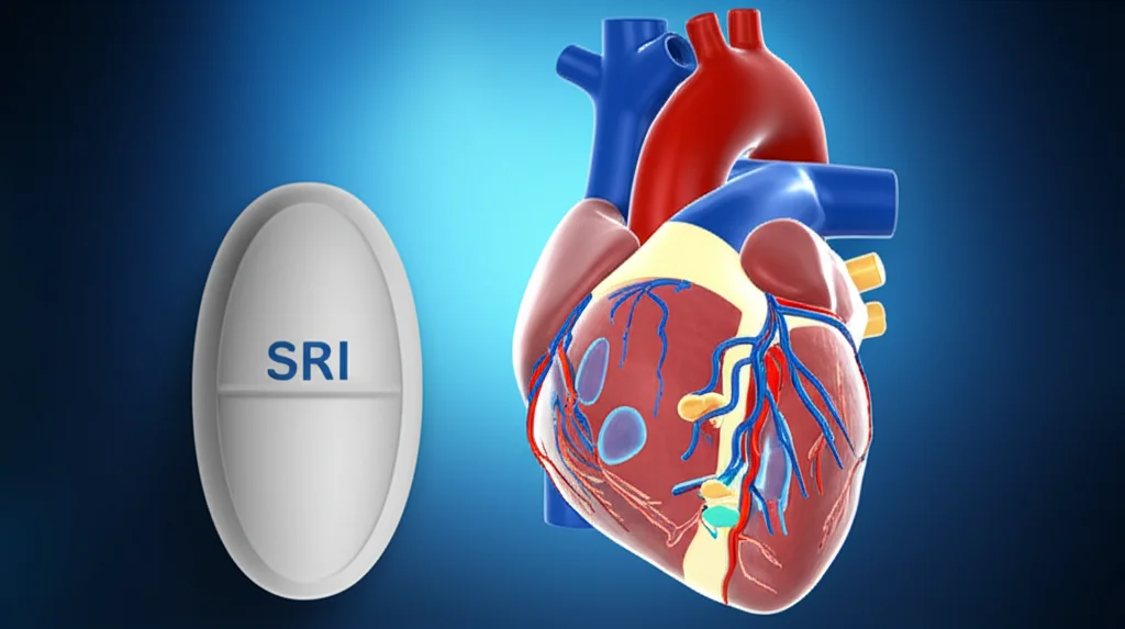 Immagine concettuale fotorealistica che rappresenta una singola pillola di antidepressivo SSRI posta accanto a un modello anatomico di cuore umano in miniatura traslucido che mostra al suo interno mitocondri e sarcomeri stilizzati. Un fascio di luce soffusa illumina entrambi gli oggetti su uno sfondo blu scuro e pulito, lente prime 35mm, profondità di campo per mettere a fuoco la pillola e il cuore, colori professionali e leggermente drammatici per sottolineare la serietà dell'argomento.