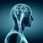 Immagine concettuale fotorealistica: una silhouette umana trasparente che mostra al suo interno sia reti neurali luminose (biomarcatori) sia ingranaggi e simboli sociali interconnessi (fattori psicosociali), il tutto su uno sfondo medico-scientifico. Prime lens, 35mm, depth of field, duotone blu e grigio per un effetto sofisticato.