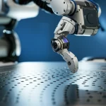 Immagine fotorealistica di un braccio robotico con una telecamera high-tech che ispeziona da vicino una superficie metallica liscia alla ricerca di micro-difetti. Illuminazione da studio controllata, obiettivo macro 100mm, alta definizione, focus preciso sull'interfaccia tra robot e superficie, rappresentando il controllo qualità automatizzato.