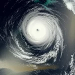 Immagine satellitare stilizzata che mostra un ciclone tropicale (tifone) in rotazione sopra l'oceano blu scuro vicino alla costa cinese, con una chiara demarcazione dove l'acqua dolce e torbida del Fiume Changjiang (plume) incontra l'acqua salata. L'effetto del mescolamento è visibile come vortici più chiari. Obiettivo grandangolare 20mm, vista dall'alto, luce drammatica del sole che filtra tra le nuvole della tempesta, focus nitido sull'interfaccia acqua dolce/salata.