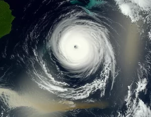 Immagine satellitare stilizzata che mostra un ciclone tropicale (tifone) in rotazione sopra l'oceano blu scuro vicino alla costa cinese, con una chiara demarcazione dove l'acqua dolce e torbida del Fiume Changjiang (plume) incontra l'acqua salata. L'effetto del mescolamento è visibile come vortici più chiari. Obiettivo grandangolare 20mm, vista dall'alto, luce drammatica del sole che filtra tra le nuvole della tempesta, focus nitido sull'interfaccia acqua dolce/salata.
