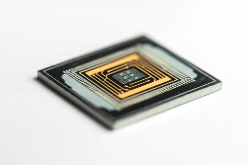 Photorealistic still life image of a compact, futuristic optical biosensor chip on a white background, highlighting its intricate micro-structure and suggesting advanced medical technology. Use macro lens, 100mm, high detail, precise focusing, controlled lighting.