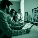 Studenti di medicina palestinesi in un'aula moderna e luminosa, interagiscono con tablet e schermi che mostrano interfacce di intelligenza artificiale per lo studio medico. Alcuni sorridono, altri sono concentrati. Obiettivo prime da 35mm, profondità di campo, luce naturale, stile duotone verde acqua e grigio per un look contemporaneo e tecnologico.