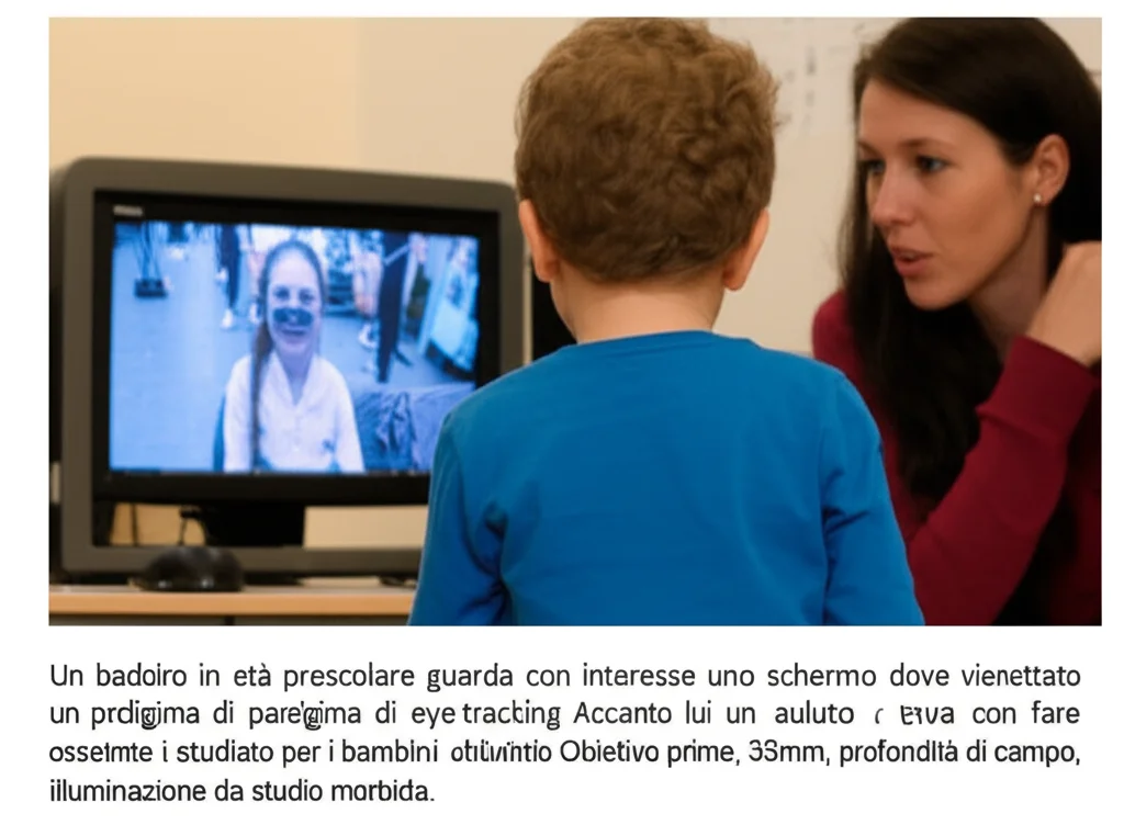 Un bambino in età prescolare guarda con interesse uno schermo dove viene proiettato un paradigma di eye-tracking. Accanto a lui, un adulto osserva con fare supportivo. L'ambiente è accogliente e studiato per i bambini. Obiettivo prime, 35mm, profondità di campo, illuminazione da studio morbida.