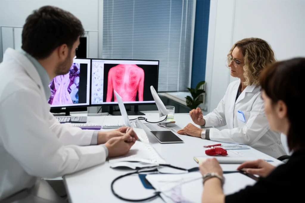 Un gruppo di ricercatori e medici esperti, uomini e donne di diverse età, discute animatamente attorno a un tavolo luminoso in un moderno centro di ricerca, con schermi che mostrano dati complessi e immagini molecolari del cancro al seno metastatico. Atmosfera collaborativa e piena di speranza. Obiettivo prime 35mm, profondità di campo, luce controllata.