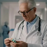 Un medico anziano con occhiali e camice bianco esamina con attenzione una confezione di medicinali, sullo sfondo sfocato si intravede una corsia di ospedale luminosa. Prime lens, 35mm, depth of field, luce naturale morbida, espressione concentrata e professionale.
