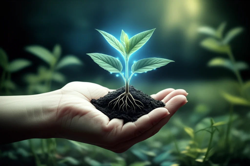 Un'immagine altamente simbolica e fotorealistica che mostra una mano umana che cura con delicatezza un piccolo germoglio digitale luminoso che cresce da un terreno fertile composto da circuiti elettronici e radici naturali intrecciate. Sullo sfondo, un paesaggio digitale sfocato che si fonde con un ambiente naturale sereno. Prime lens, 35mm, Depth of field, duotone blu e verde, per simboleggiare la cura e la prospettiva ecologica sull'economia digitale.