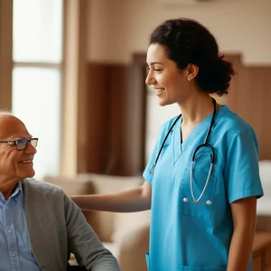 Un'infermiera attenta e professionale che assiste un residente anziano sorridente in una luminosa stanza di una casa di cura. Fotografia di ritratto, obiettivo da 50mm, luce naturale morbida, profondità di campo che sfoca leggermente lo sfondo, colori caldi e rassicuranti.