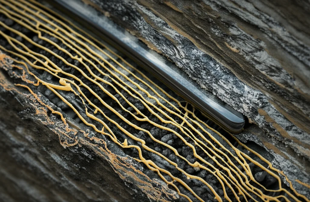 Visualizzazione 3D fotorealistica di un gel di nanosilice che si propaga attraverso una formazione rocciosa eterogenea all'interno di un pozzo petrolifero, con zone di diversa permeabilità evidenziate da texture e colori differenti. L'immagine dovrebbe avere un effetto "spaccato" della roccia per mostrare l'interno. Macro lens, 100mm, high detail, precise focusing, controlled lighting per enfatizzare la complessità della struttura rocciosa e la precisione del gel.