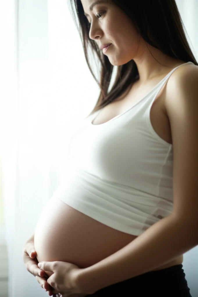 A woman looking thoughtfully at her pregnant belly, 35mm portrait, soft natural light, depth of field, symbolizing the start of a health journey.