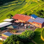 Ampia veduta aerea di un paesaggio rurale diversificato nel Sud del mondo, che mostra piccoli appezzamenti coltivati con tecniche sostenibili (es. consociazione, terrazzamenti), pannelli solari su un tetto di una casa rurale, un piccolo mercato locale vivace in lontananza e persone che lavorano nei campi e si muovono tra le case. Obiettivo grandangolare 18mm, luce dorata del mattino che illumina la scena, messa a fuoco nitida su tutto il paesaggio, colori vibranti e naturali, sensazione di operosità e sostenibilità.