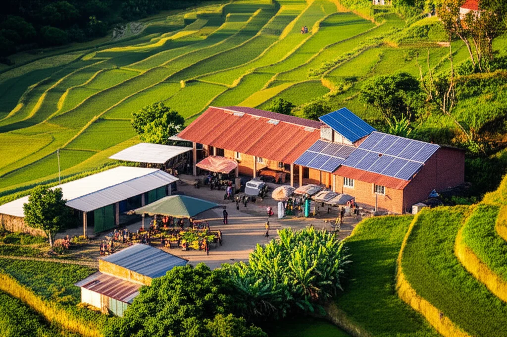Ampia veduta aerea di un paesaggio rurale diversificato nel Sud del mondo, che mostra piccoli appezzamenti coltivati con tecniche sostenibili (es. consociazione, terrazzamenti), pannelli solari su un tetto di una casa rurale, un piccolo mercato locale vivace in lontananza e persone che lavorano nei campi e si muovono tra le case. Obiettivo grandangolare 18mm, luce dorata del mattino che illumina la scena, messa a fuoco nitida su tutto il paesaggio, colori vibranti e naturali, sensazione di operosità e sostenibilità.