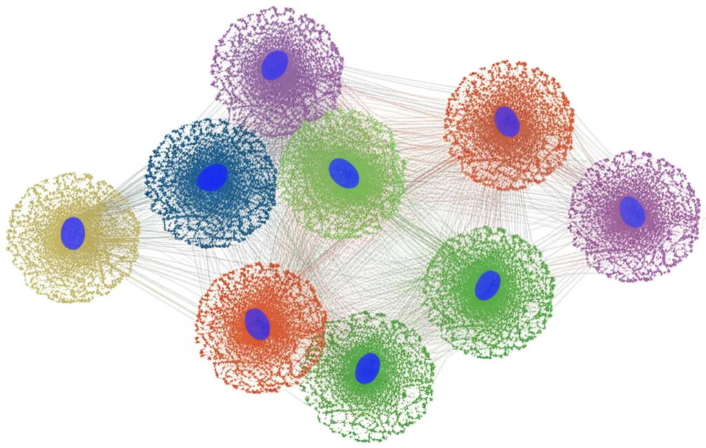 Illustrazione concettuale di un framework computazionale, scMINER, che analizza dati complessi di trascrittomica single-cell, mostrando cluster di cellule colorate e reti di interazione genica, stile macro, 60mm, alta definizione, illuminazione da studio.