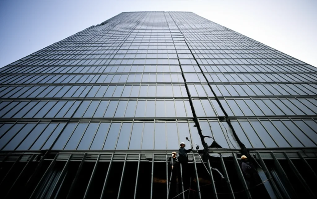 Immagine fotorealistica di un moderno grattacielo giapponese che mostra lievi crepe e distacchi di intonaco dopo un terremoto, con ingegneri in caschetto protettivo che ispezionano la base con strumenti. Prime lens, 24mm, depth of field, luce del tardo pomeriggio che crea lunghe ombre, atmosfera seria ma di analisi e non di catastrofe imminente.