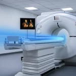 Immagine fotorealistica di un moderno scanner TAC in una sala ospedaliera pulita e luminosa, con un fascio di luce blu stilizzato che rappresenta le radiazioni a basso dosaggio che interagiscono con una rappresentazione astratta del microambiente tumorale visibile su uno schermo vicino. Obiettivo grandangolare 24mm, messa a fuoco nitida, illuminazione clinica morbida.