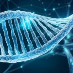 Macro lens, 60mm, high detail, precise focusing, controlled lighting of glowing microRNA strands intertwined with a neural network representation.