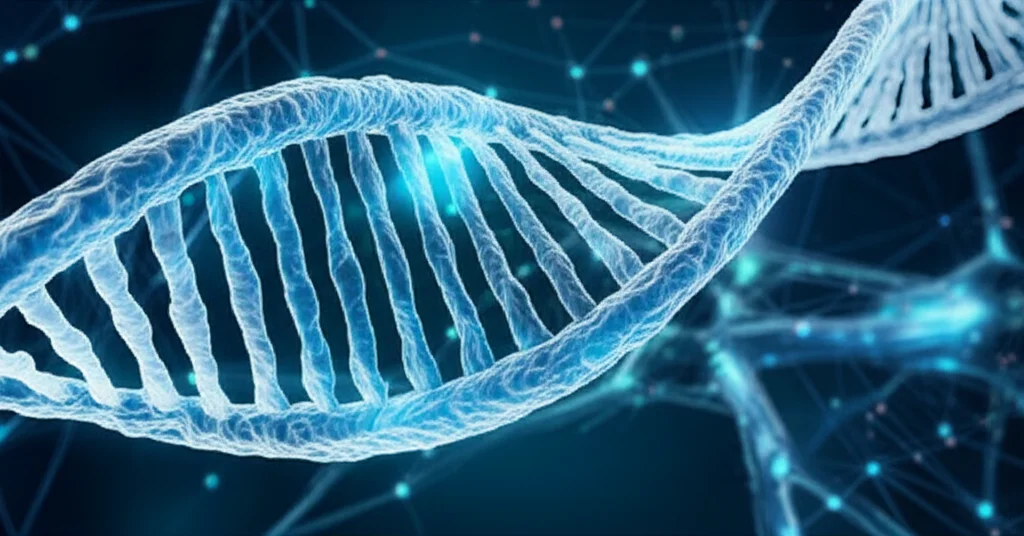 Macro lens, 60mm, high detail, precise focusing, controlled lighting of glowing microRNA strands intertwined with a neural network representation.