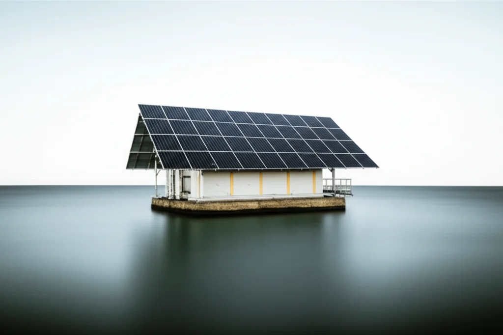 Paesaggio grandangolare, obiettivo 10mm, che mostra un'unità di desalinizzazione compatta e moderna integrata con pannelli solari, posizionata su uno sfondo costiero con un mare calmo sotto un cielo luminoso. Effetto acqua liscia, messa a fuoco nitida sulla tecnologia, simboleggiando la desalinizzazione sostenibile.