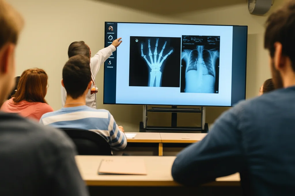 Studenti di medicina specializzandi in pediatria che studiano radiologia in un'aula universitaria moderna. Un docente spiega concetti utilizzando un grande schermo interattivo con immagini radiologiche. Atmosfera di apprendimento attivo e collaborativo. Prime lens, 24mm, depth of field, luce naturale, colori vivaci.