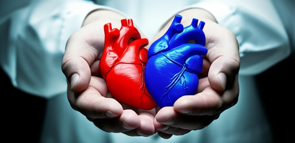 Un cuore anatomico stilizzato, metà rosso brillante (simbolo degli ACE-inibitori) e metà blu intenso (simbolo dei Sartani), sospeso sopra due mani che si stringono, rappresentando la collaborazione medico-paziente nella scelta terapeutica per il diabete e le malattie cardiovascolari. Obiettivo da ritratto 50mm, profondità di campo, illuminazione drammatica con toni duotone rosso e blu.