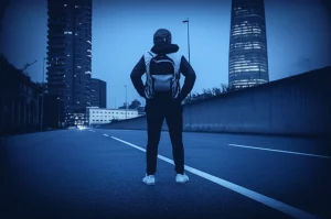 Un giovane apprendista in piedi a un bivio in una nebbiosa strada cittadina al crepuscolo, luce incerta e suggestiva, una strada illuminata porta verso un grattacielo moderno (simbolo dell'azienda), l'altra si perde nell'oscurità e nella nebbia (simbolo dell'abbandono o dell'incertezza), lente grandangolare 24mm, profondità di campo estesa, colori freddi blu e grigio duotone, a simboleggiare la scelta difficile tra continuare l'apprendistato sotto controllo indiretto o abbandonare.