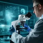Un laboratorio di scienza dei materiali high-tech, con un ricercatore che osserva un campione di alluminio sotto un microscopio elettronico, mentre su uno schermo olografico fluttuante vengono visualizzati complessi algoritmi di machine learning e grafici di ottimizzazione delle leghe. Obiettivo prime, 35mm, profondità di campo per mettere a fuoco sia il ricercatore che lo schermo, illuminazione da studio con toni blu e argento per un look futuristico e high-tech.