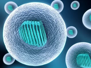 Visualizzazione 3D artistica di nanoparticelle esagonali lipidiche (esosomi) che incapsulano una proteina di membrana HMGR, con dettagli dei canali acquosi interni e della struttura lipidica. Macro lens, 80mm, high detail, precise focusing, controlled lighting, sfondo bluastro che suggerisce un ambiente acquoso high-tech.