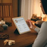 Donna asiatica in un ambiente domestico confortevole e luminoso, mentre consulta con attenzione un tablet che mostra informazioni sulla Medicina Tradizionale Cinese. Sul tavolo accanto a lei sono disposti con cura erbe essiccate, ciotoline con polveri e alcuni strumenti tipici della MTC come bastoncini di moxa. Prime lens, 50mm, depth of field per mettere a fuoco la donna e gli oggetti TCM, illuminazione naturale e calda che crea un'atmosfera intima, high detail sugli oggetti TCM e sull'espressione concentrata della donna.